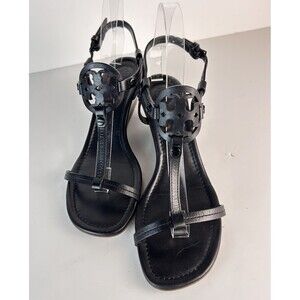 Tory Burch Miller Wedge T-Strap Leather Sandals Black Size 8